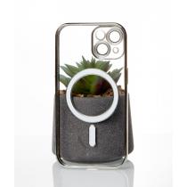 Силиконовый чехол SHINING с поддержкой MagSafe для iPhone 15 Plus серебряный